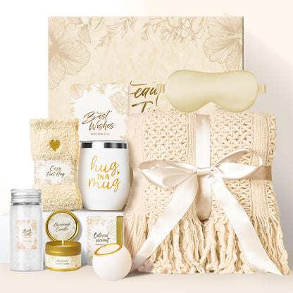 Mothers Day Gifts for Mom Women, Self Care Gift Basket with Knitted Fringe Throw Blanket - Get Well Soon Birthday Care Package for Wife Grandma Her Friend Sister