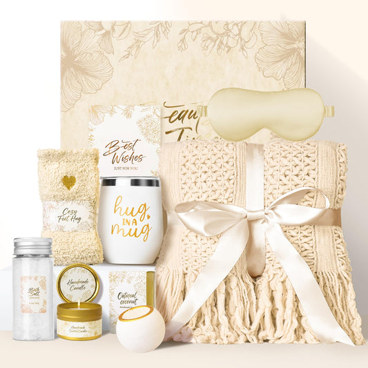 Mothers Day Gifts for Mom Women, Self Care Gift Basket with Knitted Fringe Throw Blanket - Get Well Soon Birthday Care Package for Wife Grandma Her Friend Sister