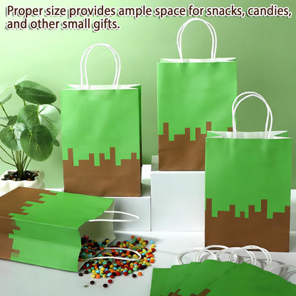 12Pcs Pixel Theme Party Favor Bags Video Game Party Supplies Pixel Paper Gift Mining Theme Goodie Bags with Handle Gamer Birthday Treat Candy Bag for Kids Pixelated Birthday Baby Shower Decoration