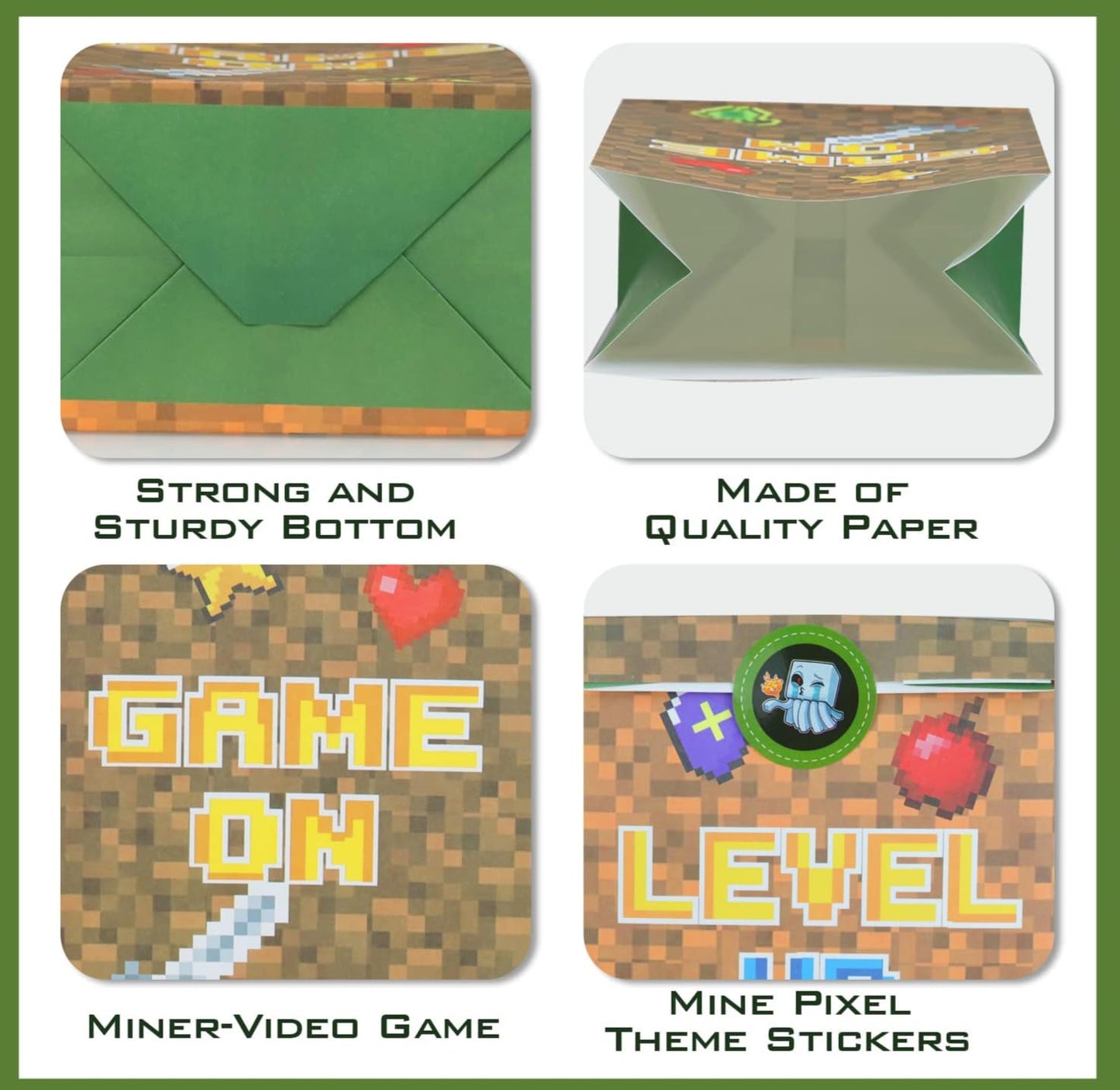 24 PCS Pixel Miner Party Favor Bags Pixel Themed Treat Goodie Bags for Birthday Party Supplies, Boys and Girls Pixelated Video Game Gift Candy Goody Bags for Mine Party or Birthday Party Decorations
