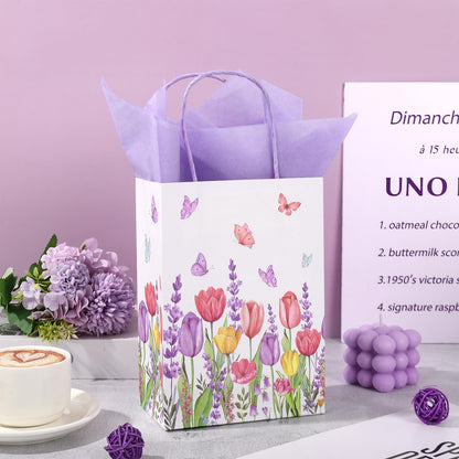 FYSUIMU 24 Pcs Tulips Lavender Floral Paper Gift Bags with 30 Purple Tissue Paper Watercolor Flower Butterfly Treat Bag with Handles for Birthday Baby Shower Wedding Party Favors
