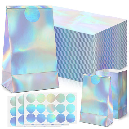 Estune 30 Pcs Iridescent Party Favor Bags with Stickers Holographic Paper Gift Bags 8. 3 x 5 x 3 Inch Reusable Glitter Foil Goodie Candy Handbag for Baby Shower Wedding Birthday Party Supplies