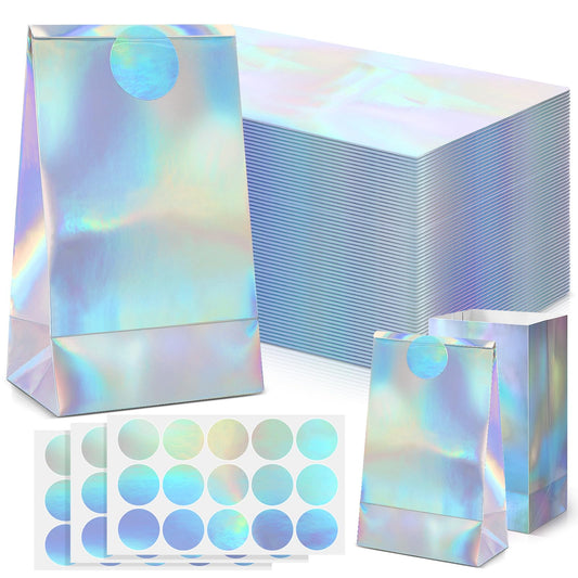 Estune 30 Pcs Iridescent Party Favor Bags with Stickers Holographic Paper Gift Bags 8. 3 x 5 x 3 Inch Reusable Glitter Foil Goodie Candy Handbag for Baby Shower Wedding Birthday Party Supplies