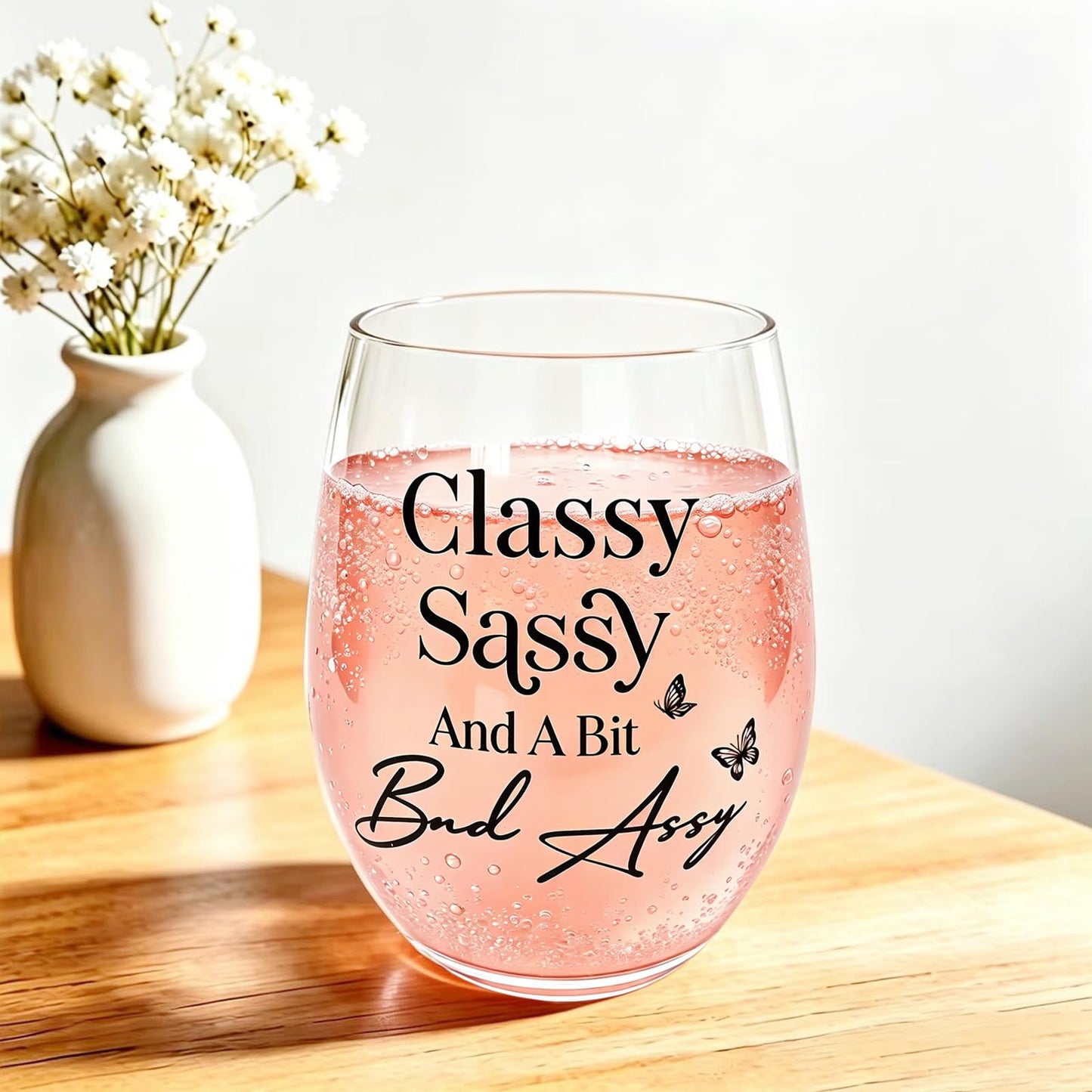 Funny Gifts for Women – 15oz Sassy Stemless Wine Glass, Hilarious Birthday Present for Friend Sister Coworker Neighbor Girlfriend, Novelty White Elephant Gag Gift for Adults