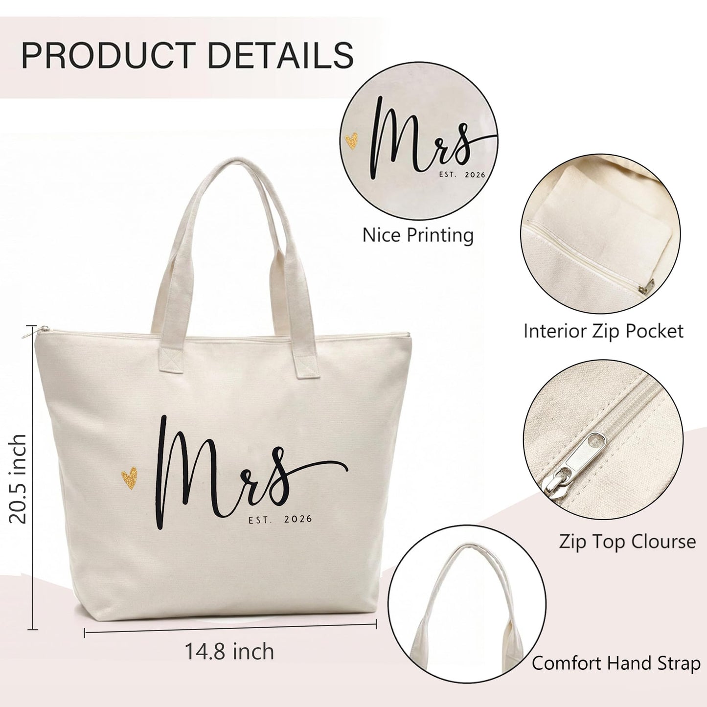 CARAKNOTS Mrs Tote Bag for Bride 2026 – Large Natural Canvas Wedding Tote with Zipper & Pocket, Future Mrs & Bride to Be Gifts for Bridal Shower, Engagement, Bachelorette Party, Honeymoon Beach Bag