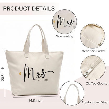 CARAKNOTS Mrs Tote Bag for Bride 2026 – Large Natural Canvas Wedding Tote with Zipper & Pocket, Future Mrs & Bride to Be Gifts for Bridal Shower, Engagement, Bachelorette Party, Honeymoon Beach Bag