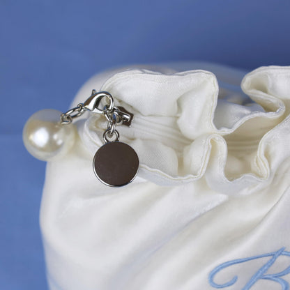 Embroidered Bride Cosmetic Bag| Creamy White Satin Something Blue Silk Makeup Bag Bling Pearl Bride To Be Purse for Bridal Shower Bachelorette Party Women Wedding Engagement Gift