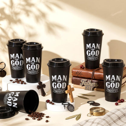 LemonRoad 40 Pcs/ 20 Sets Fathers Day Christian Gifts Man of God Bulk 16oz Reusable Coffee Cups with Lids Man of God Keychains Cross Gifts for Church Religious Men Dad Godfather Coworkers Employee