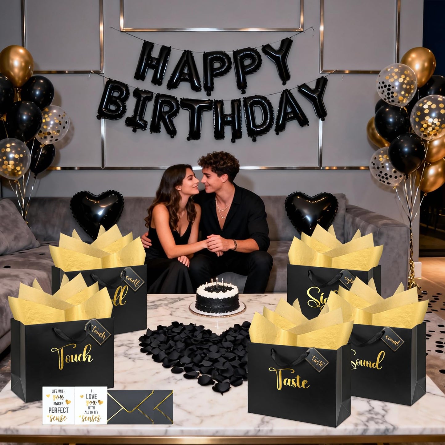 5 Senses Gift Bags for Him Her with Labels Birthday Decorations, Gold Foil Five Senses Gift Bags with Handle Tissue Paper Balloon Envelopes Cards Rose Petals Party Decor 13" x 10" x 5" Inches (Black)
