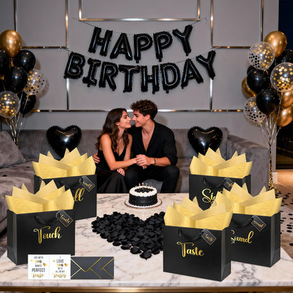 5 Senses Gift Bags for Him Her with Labels Birthday Decorations, Gold Foil Five Senses Gift Bags with Handle Tissue Paper Balloon Envelopes Cards Rose Petals Party Decor 13" x 10" x 5" Inches (Black)