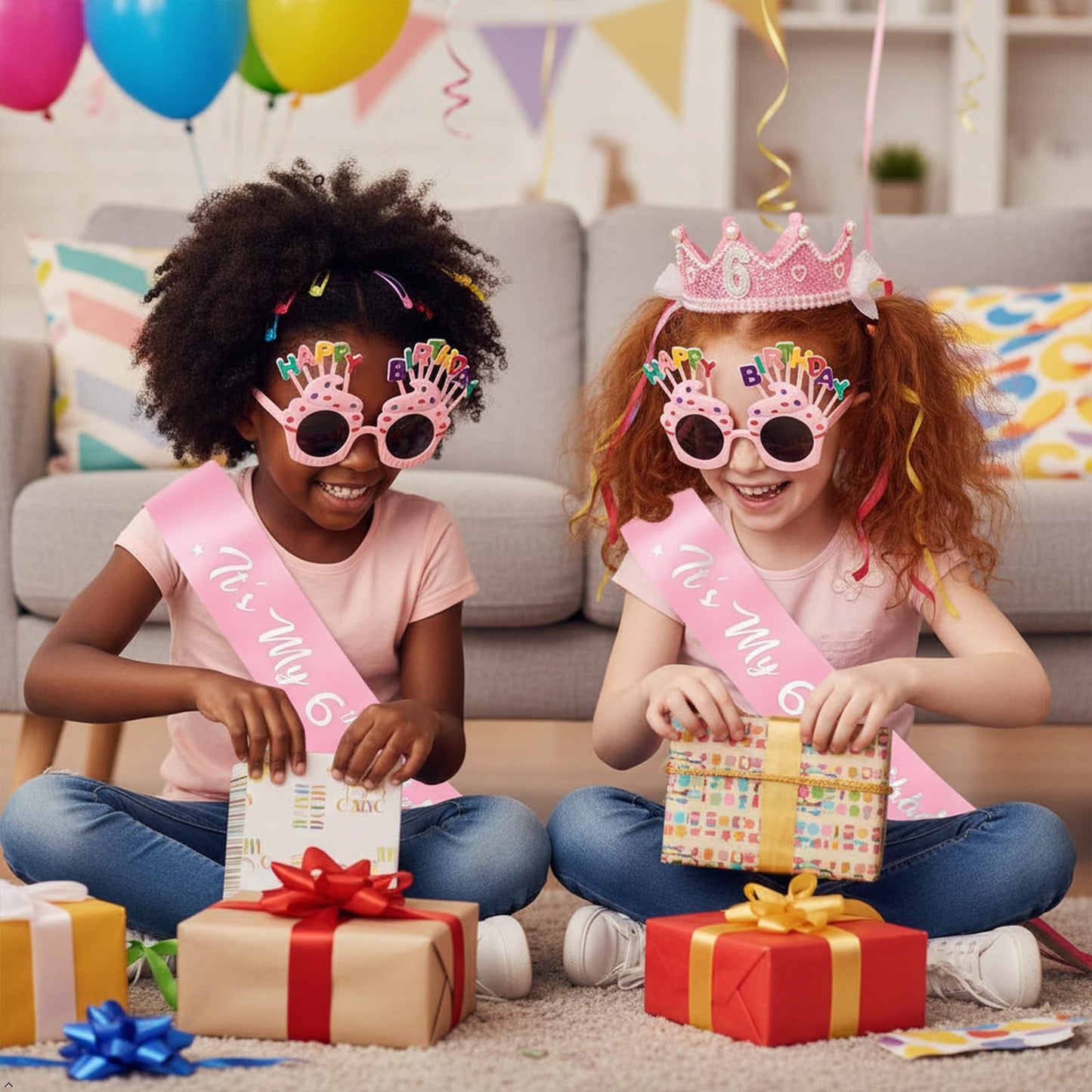 6th Birthday Girl Gift Set - 6th Birthday Sash, Glitter Crown & Cupcake Glasses, 6 Year Old Girl Birthdays Gifts, Princess Birth day Party Decorations for Girls