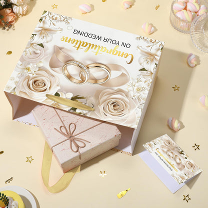 TagreSpike Wedding Gift Bag for Bride and Groom Elegant White Rose & Gold Rings Gift Wrapping Bag with Tissue Paper and Card - Congratulations Present Sack for Bridal Shower, Engagement, Marriage