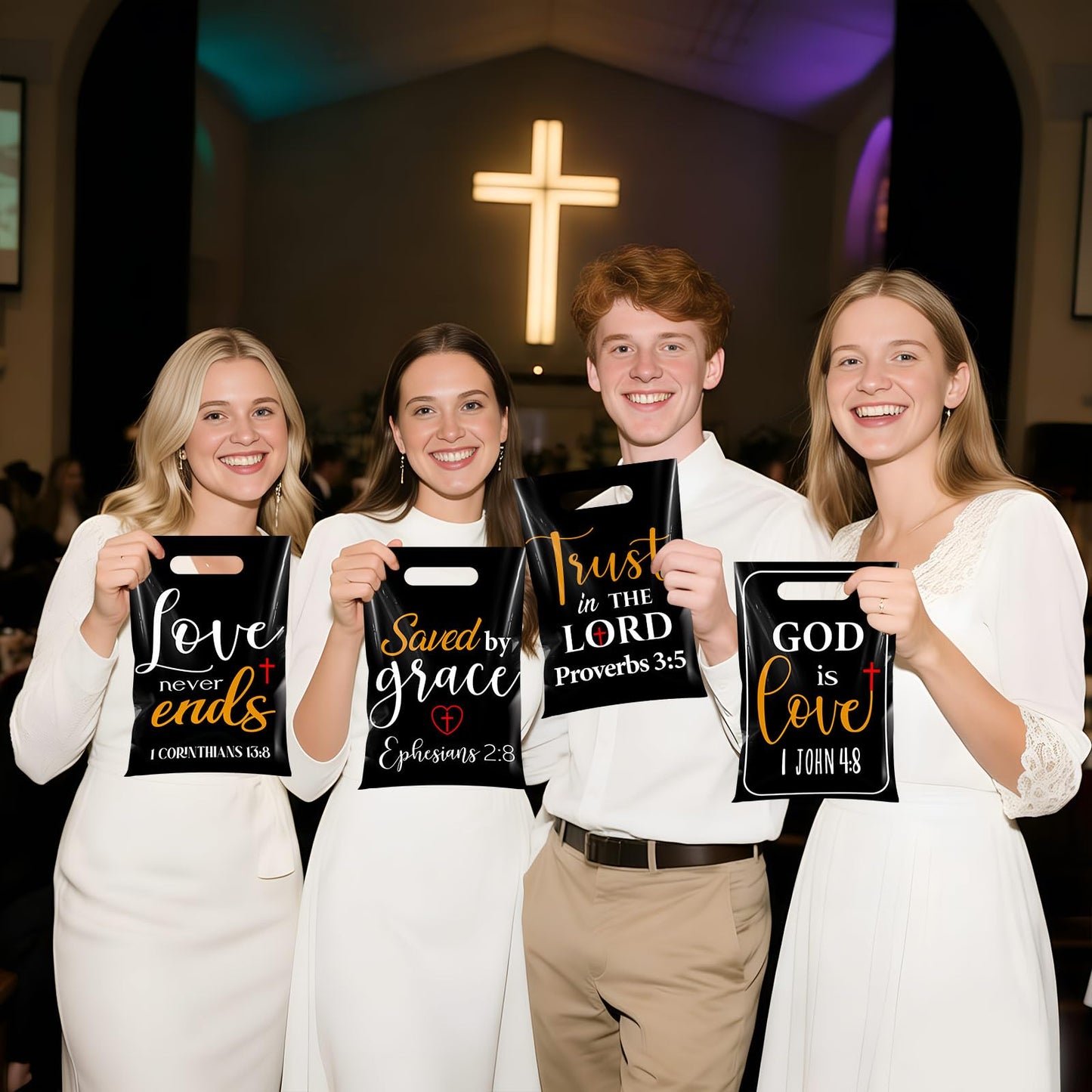 Pasimy 100 Pcs Christian Gift Bags Bulk 6.7 x 9.8 In Plastic Bible Verse Religious Goodie Bags Inspirational Scripture Treat Candy Party Favor Pouch for Church Jesus Birthday Gifts(Black,Elegant)