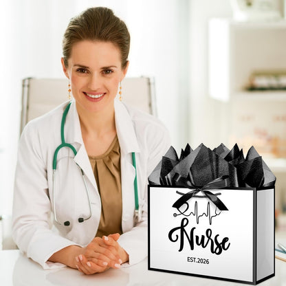 XiaosRen 12.6" White and Black Nurse Gift Bag, EST 2026 Nurse Graduation Gift Bag with Tissue Paper, Card and Ribbon, for Nurses Day, Medical Graduates.