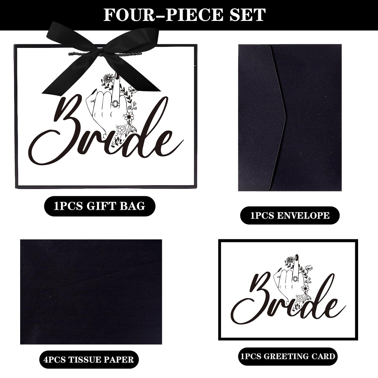 Jaywayang 12.6" White and Black Bridal Shower Gift Bag with Ribbon and Tissue Paper, Wedding Gift Bags with Card, Gift ideas for Bachelorette Party, Engagement, Anniversary.