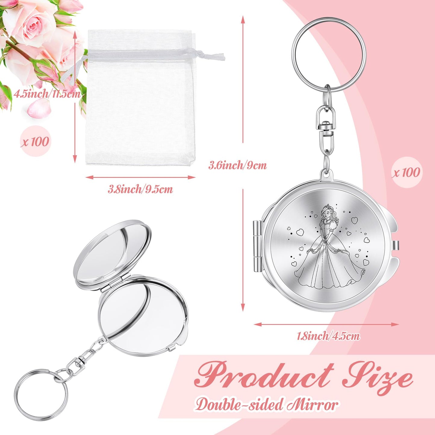 Nosiny 50 Sets Quinceanera Party Favor for Guests Silver Compact Mirror Keychain with White Organza Bag 15 Birthday Gift for Guest Princess Party Favor