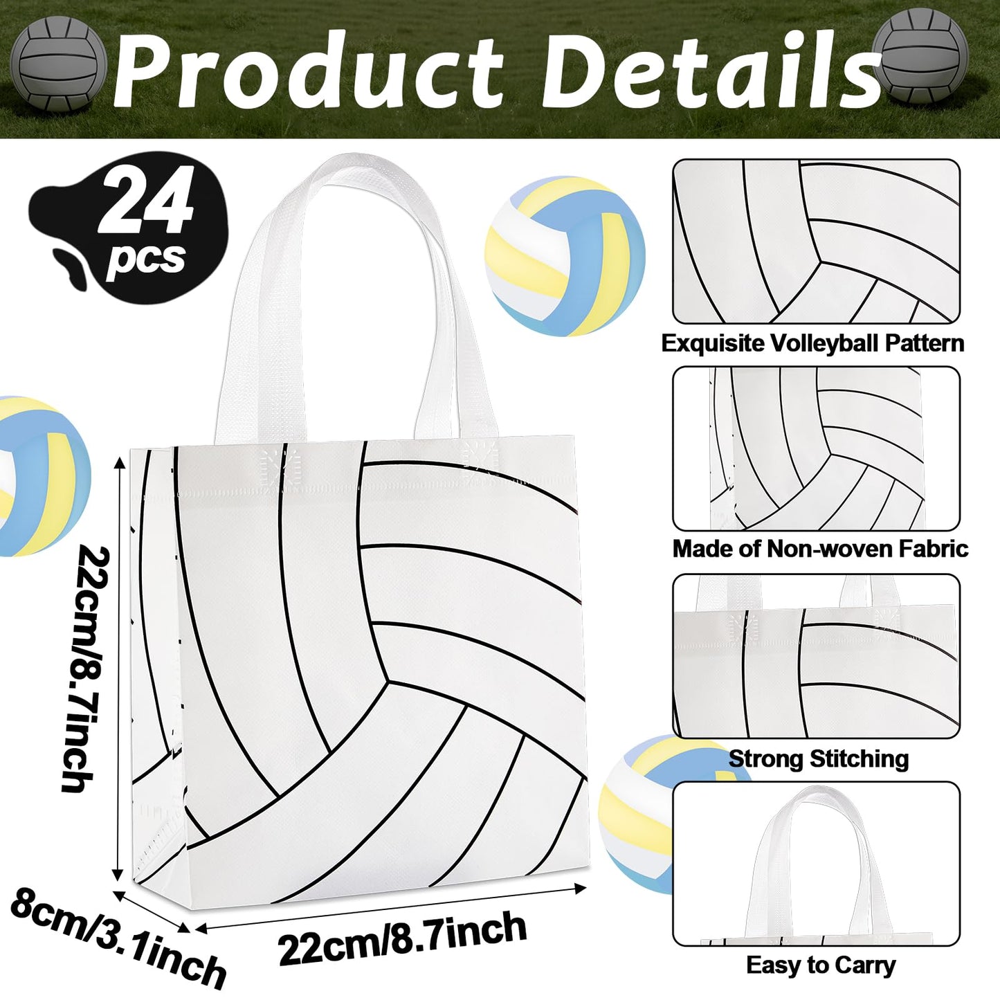 24Pcs Volleyball Gift Bags With Handles Bulk Sport Theme Treat Candy Bags Volleyball Team Present Non Woven Goodie Snack Favor Bag for Sport Boys Birthday Party Favor Baby Shower Decorations Supplies