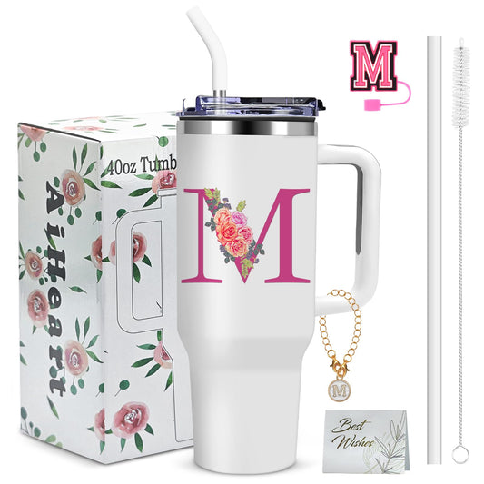 Monogrammed Gifts for Women,Initial Tumbler with Lid,Personalized Gifts,Birthday Gift for Women,Travel Cup,Coffee Tumbler,Cute Tumbler with Straws,for Christmas-M