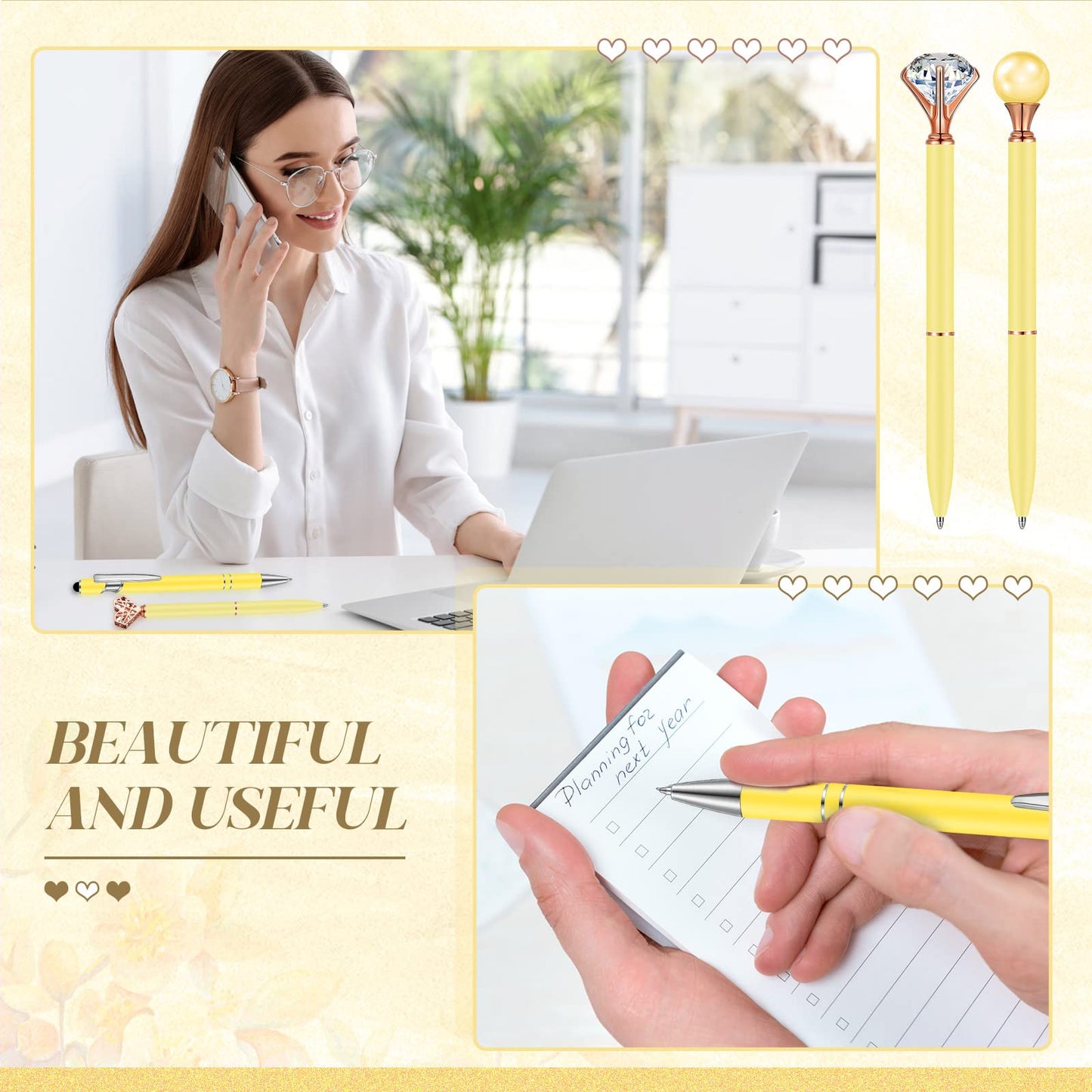 Qeeenar 6 Pcs Ballpoint Pens Set Metal Crystal Diamond Pen for Journaling Glitter Pretty Cute Stationery Black Ink Fancy Gifts for Women Girls Teacher Office Wedding School Supplies(Yellow)