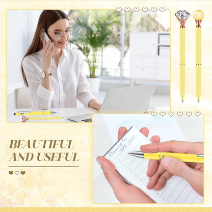 Qeeenar 6 Pcs Ballpoint Pens Set Metal Crystal Diamond Pen for Journaling Glitter Pretty Cute Stationery Black Ink Fancy Gifts for Women Girls Teacher Office Wedding School Supplies(Yellow)