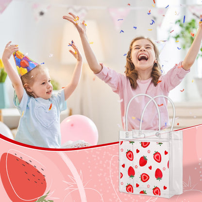 Whaline Strawberry Clear PVC Gift Bags Cute Fruit Party Favor Bags with Handles Red Heart Strawberry Flower Treat Tote Candy Bag for Spring Summer Wedding Birthday Baby Shower Party Supplies, 12Pcs