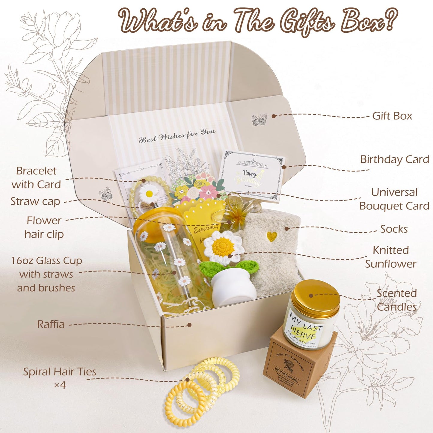 Birthday Gifts for Women Teen Girls, Unique Happy Graduation Gift Baskets for Her, Thank You Teacher Self Care Get Well Present Set, 14pcs Cute Daisy Box for Friend SisterGirlfriend Coworker(Yellow)