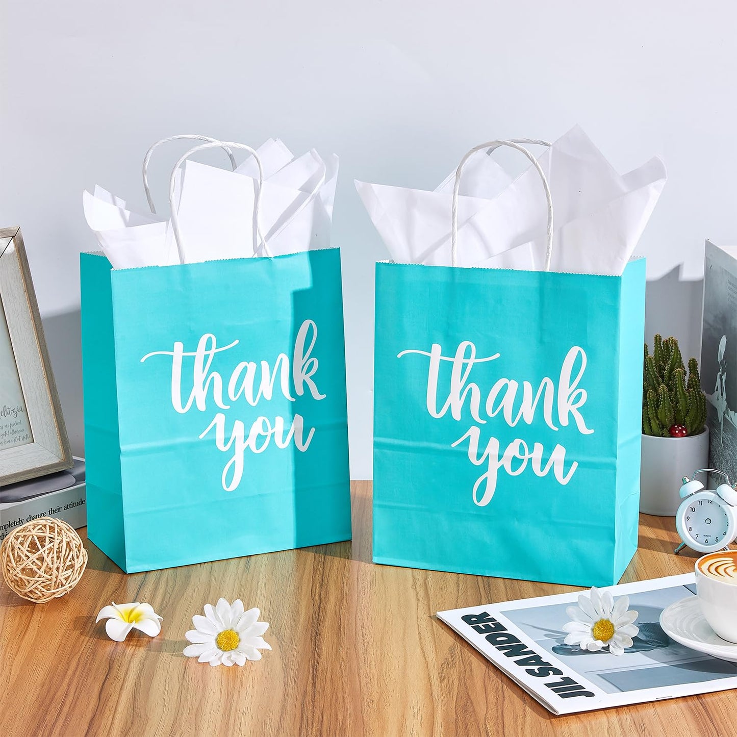 DjinnGlory 50 Pack Medium Sized Teal Blue Gift Bags Thank You Paper Bags with Handles 10''x8''x4'' and 50 White Tissue Paper for Small Business Shopping, Wedding Baby Shower Party Favors (Teal)