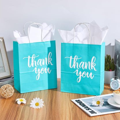 DjinnGlory 50 Pack Medium Sized Teal Blue Gift Bags Thank You Paper Bags with Handles 10''x8''x4'' and 50 White Tissue Paper for Small Business Shopping, Wedding Baby Shower Party Favors (Teal)