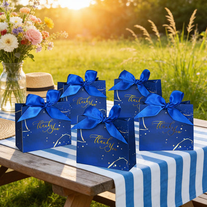 DECHISY 30Pack Small Thank You Gift Bags,Marble Pattern Party Favor Bags with Blue Bow Ribbon,4.5x1.8x3.9Inches,Paper Bags for Birthday Wedding Bridesmaid Holiday Valentines Day(Blue)