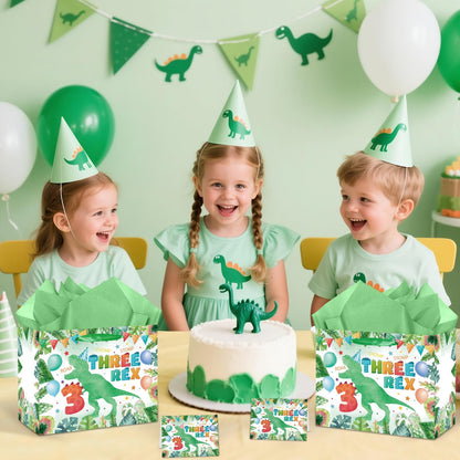 Peconal 3rd Birthday Gift Bag Dinosaur 3rd Birthday Party Decorations Three Rex Dinosaur Gift Wrapping Paper Bag with Tissue Paper for Boys Dino Age 3 Year Old Party Favors Supplies