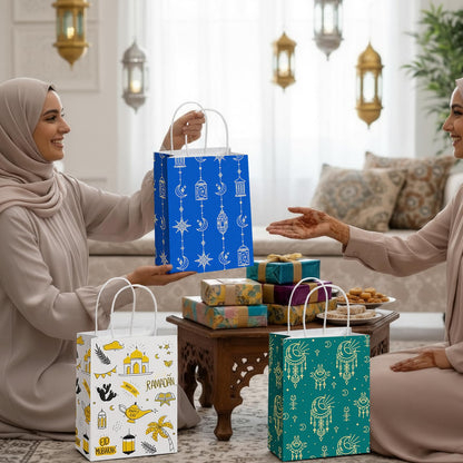 Epakh 24 Pcs Eid Mubarak Paper Gift Bags with Handle Ramadan Goodies Bags Moon Stars Lantern Ramadan Kareem for Islamic Muslim Party Favor Al Fitr Party