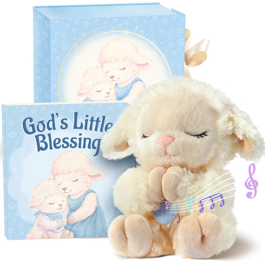 MyMateZoe Baptism Gifts for Boys, Catholic Christening, Baby Dedication & Baptismal Gift Set for Baby Boys & Kids, with 9" Musical Praying Lamb Plush Toy & God's Little Blessing Book in Keepsake Box