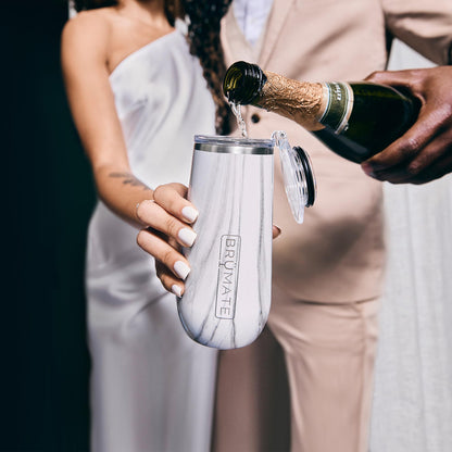 BrüMate Champagne Flute 12oz with Flip-Top Lid to Hold in Carbonation | Insulated Stainless Steel for Ice Cold Champagne | BPA-Free (Glitter White)