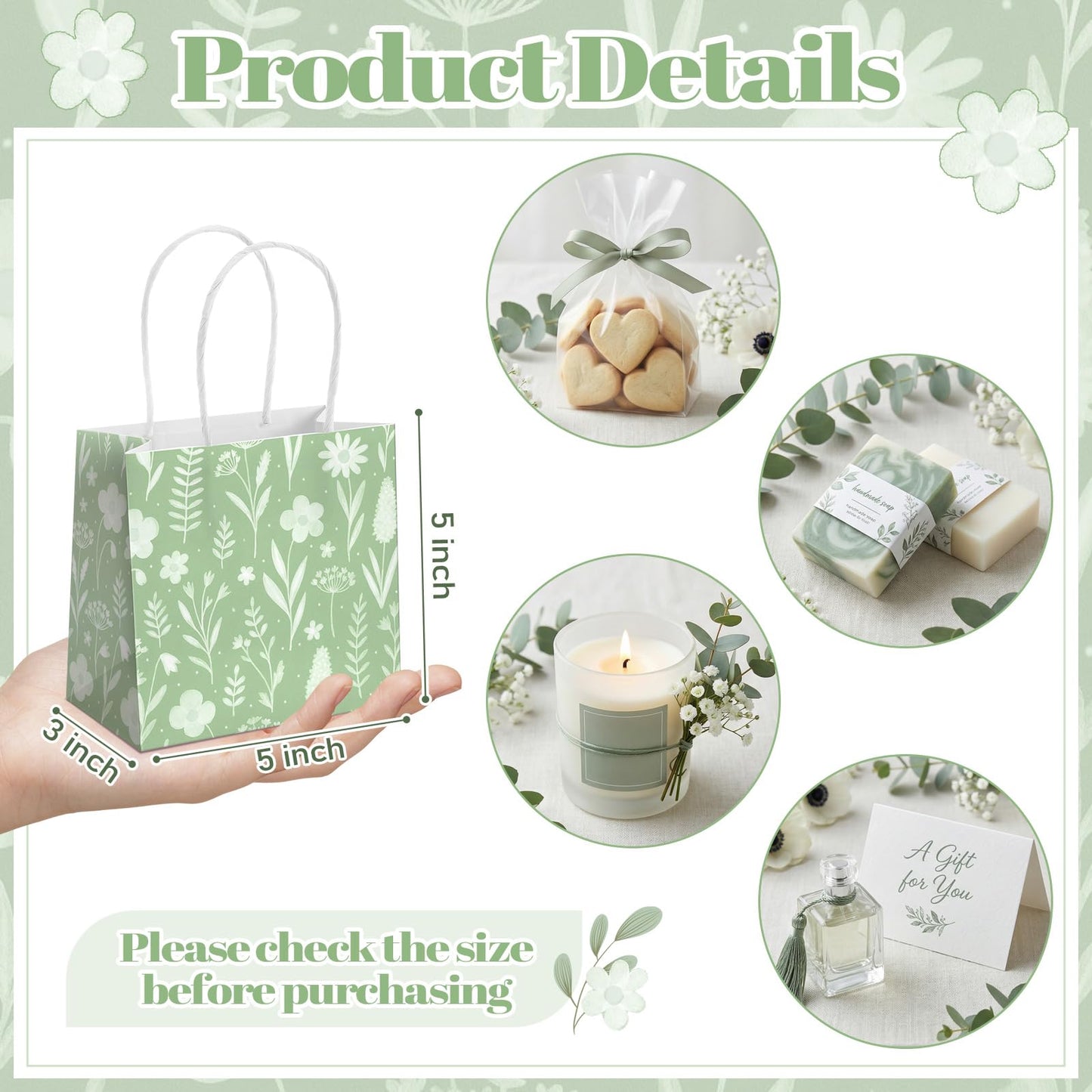 Silkfly 24 Pack Mini Sage Green Gift Bags with Handles & Tissue Paper Small Spring Floral Flower Candy Goodie Bag for Women Baby Shower Tea Party Bridesmaid Birthday Wedding Supplies, 5x5x3 Inch