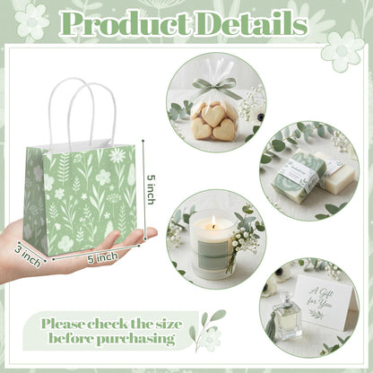 Silkfly 24 Pack Mini Sage Green Gift Bags with Handles & Tissue Paper Small Spring Floral Flower Candy Goodie Bag for Women Baby Shower Tea Party Bridesmaid Birthday Wedding Supplies, 5x5x3 Inch