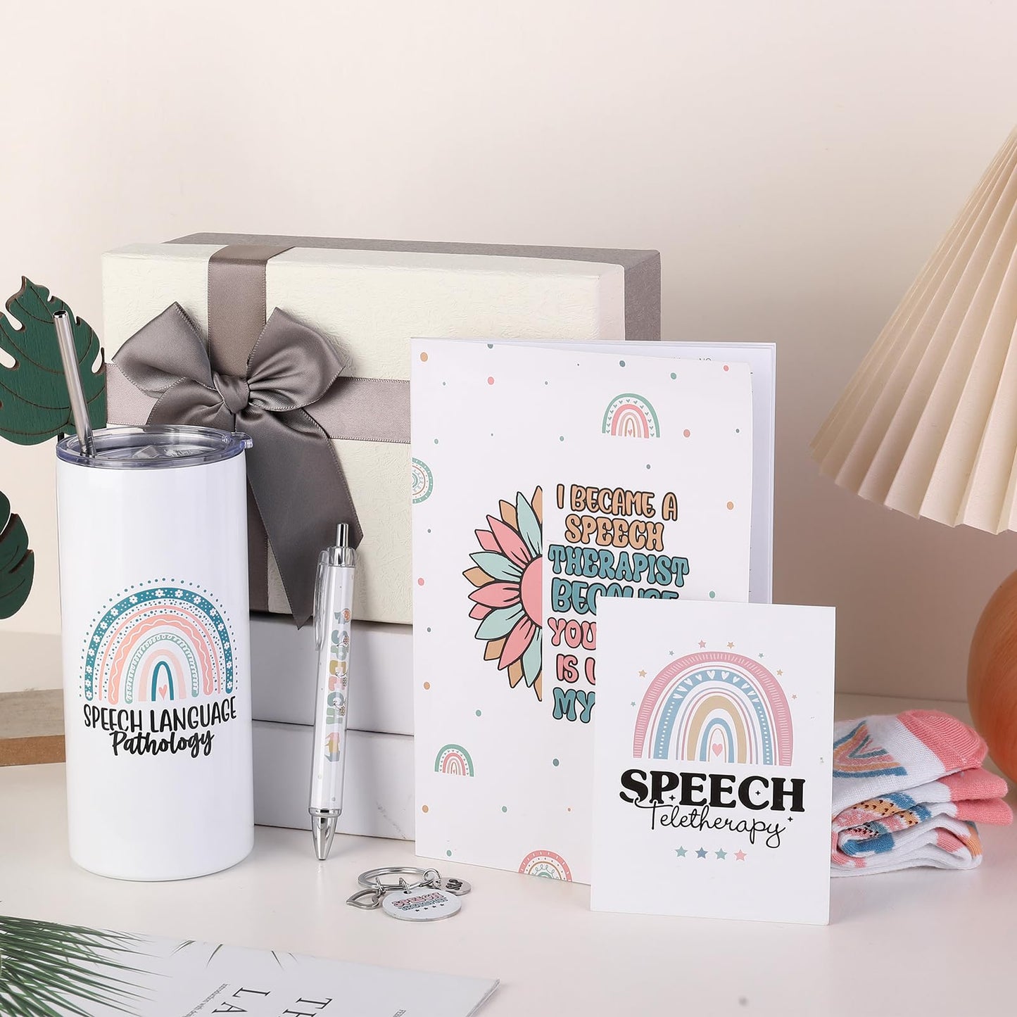 Patelai 7 Pcs Speech Therapist Appreciation Gifts Set Speech Language Pathologist Day 16 oz Tumbler Notebook Pen Keychain Sock Greeting Card and Box Slp Graduation Gift for Teacher Therapist Birthday