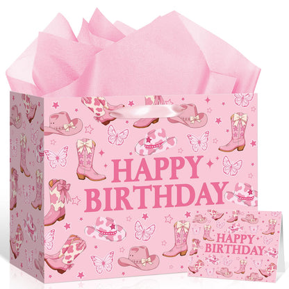 TagreSpike Cowgirl Birthday Gift Bag, Western Bow Happy Birthday Wrapping Bag with Tissue Paper and Card Coquette Bow Boots Treat Bags for Girls Rodeo Birthday Party Supplies - Pink Cow Print Boots