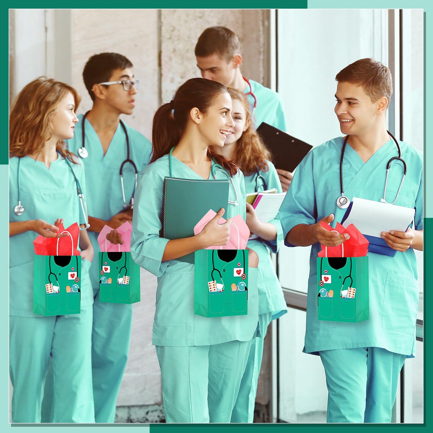 Nezyo 30 Pcs Nurse Gift Bags with 30 Wrapping Tissue Papers Nurses Appreciation Week Gifts Bags Stylish Nurse Appreciation Gifts for Thank Party Memorable Nursing Assistant Graduates Medical (Green)
