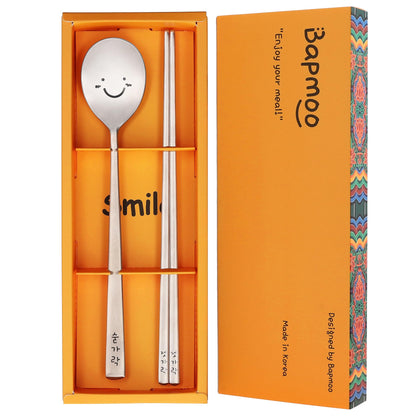 Korean Smiling Spoon and Chopsticks Set, Hangul Engraved Stainless Steel Tableware, Gift Ready Palace Inspired Box