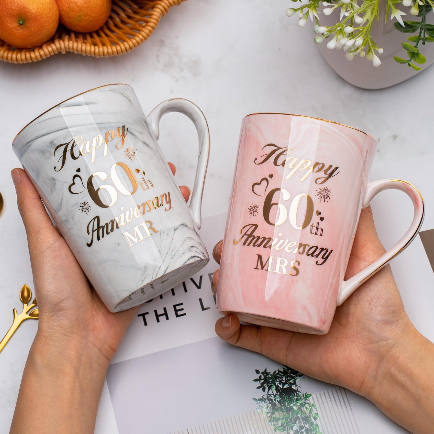 60th Wedding Anniversary GIF-ts, Diamond Wedding Anniversary GIF-ts, 2PCS Happy 60th Anniversar-y Gift Mr Mrs Gifts Diamond Anniversar-y Gifts for Couples Parents, Marble Ceramic Cups 14oz