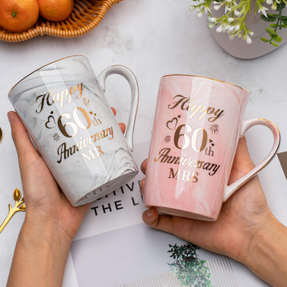 60th Wedding Anniversary GIF-ts, Diamond Wedding Anniversary GIF-ts, 2PCS Happy 60th Anniversar-y Gift Mr Mrs Gifts Diamond Anniversar-y Gifts for Couples Parents, Marble Ceramic Cups 14oz