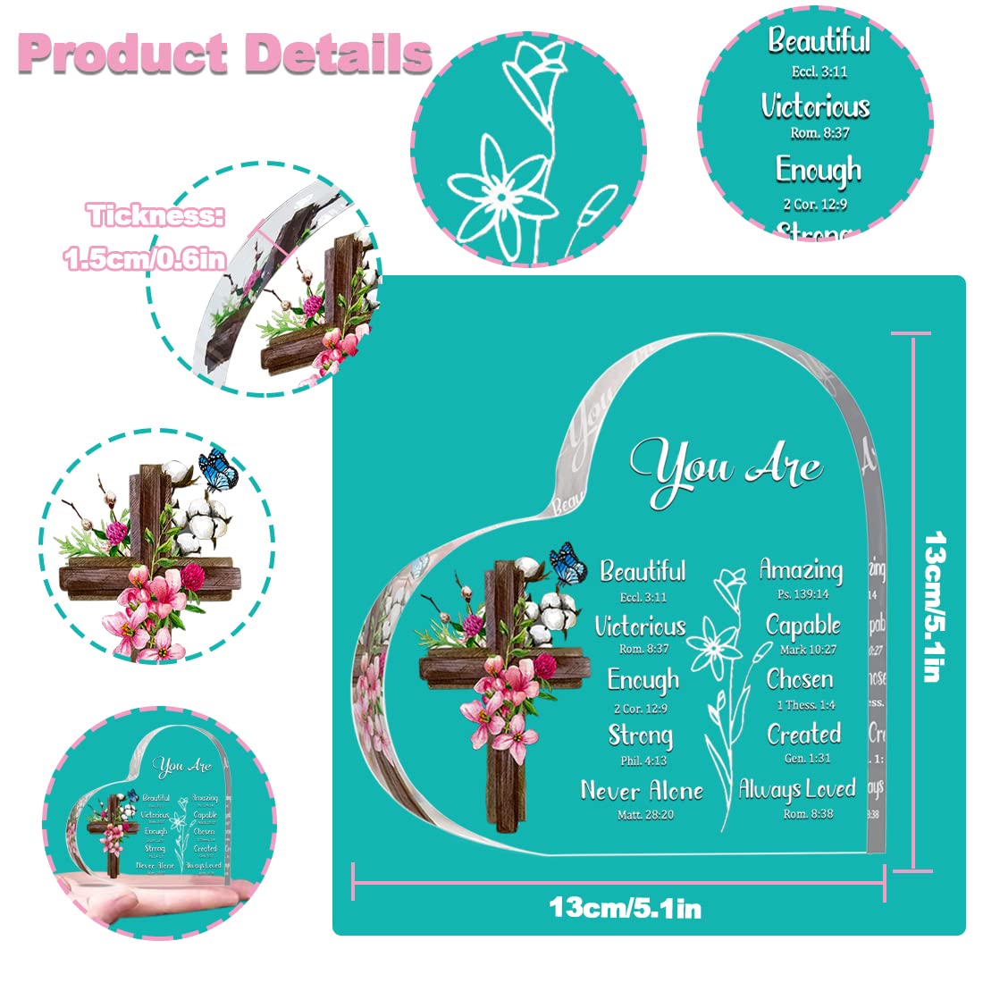 JUNQIU Christian Gifts for Women, Inspirational Gifts for Women Religious, Bible Verse and Encouragement Spiritual Gifts, Gifts for Woman, Mom, Friend, Sister-Acrylic Hearts Plaques