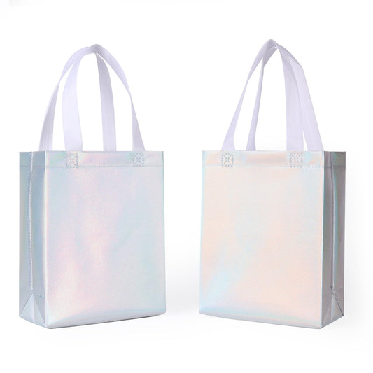 DELICAT 15 Pcs Iridescent Glossy Gift Bags with Handles 8x4x10 Inch，Holographic Reusable Gift Bags Medium Size & Sturdy Base, Holiday Goodie Bag suitable for Birthday，Party Favors，Wedding，Baby Shower