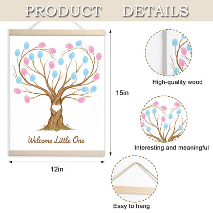 Fingerprint Tree Canvas Guestbook for Gender Reveal, 12x15 in Party Sign-in Keepsake Wall Art, Pink & Blue Ink Pads Included, Plush Storage Bag, Baby Shower Guest Book Alternative