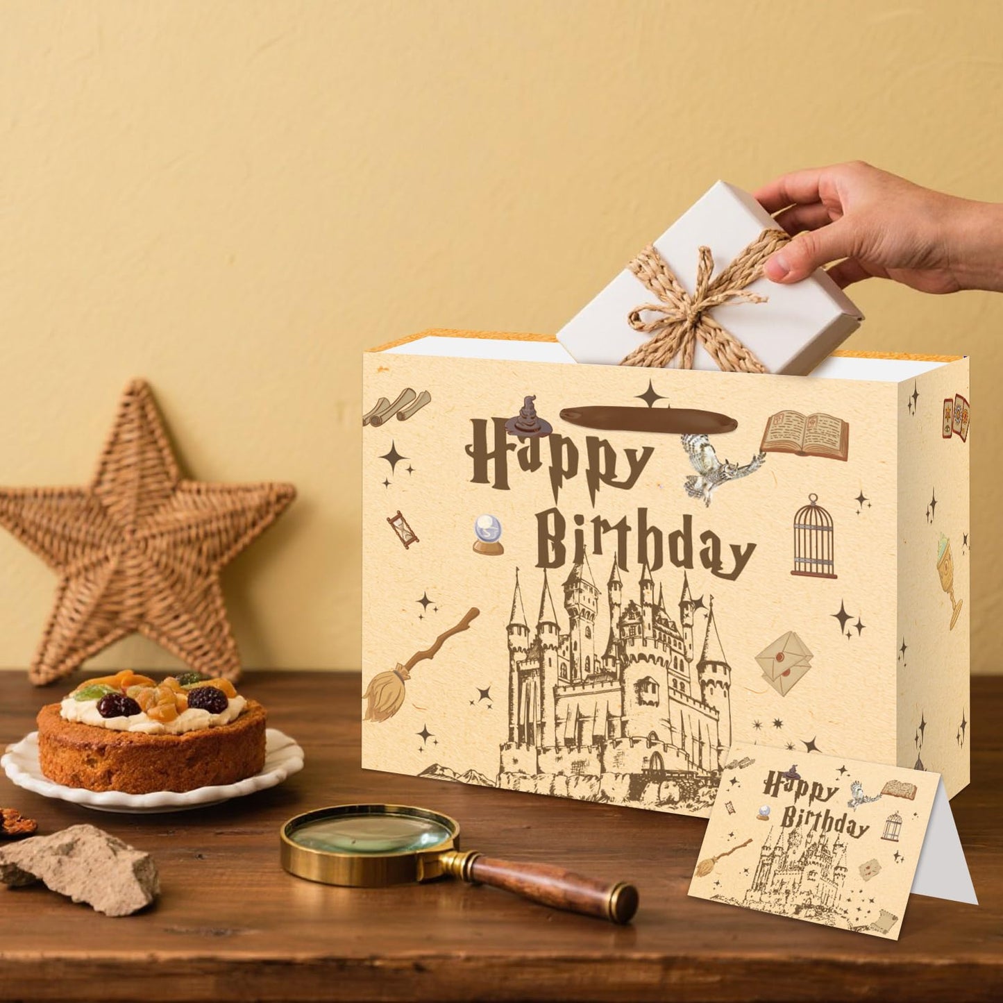 EIGHTSTATES Wizard Happy Birthday Gift Bag - Castle Birthday Party Favors with Greeting Card & Tissue Paper Envelope for Boys/Girls - Halloween Bday Decor for Wizard Parties, Baby Showers