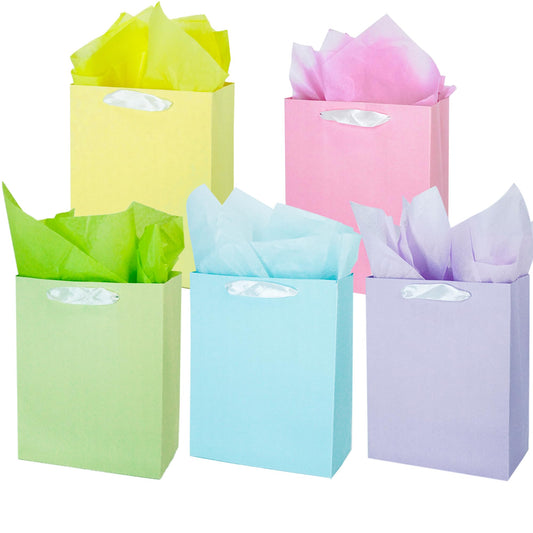MOXARYSU 5 Pcs Small Medium Gift Bags With Handles: 7x4x9 Pastel Kraft Paper Bags With 10 Tissues For Party, Birthday,Baby Shower,Wedding（Soft Color）