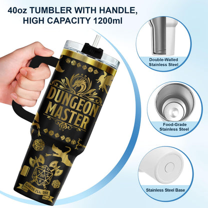 34HD Dungeon Dice Game Tumbler 40oz with Handle and Straw, Master Dragon Laser Engraved Insulated Travel Coffee Cup - Funny Birthday Gifts for Gamers, Friends & BFF
