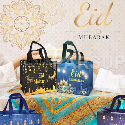 PARSUP 8PCS Eid Mubarak Reusable Gift Bags, Assorted Sizes Non-Woven Party Treat Bags with Handles for Gifts Wrapping, Party Supplies