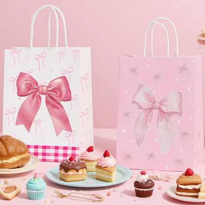 12pcs Pink Bow Gifts Bags with Handles, Small Gifts Bags Medium Size for Birthday Baby Shower Bachelorette, Pink Goodie Pouch for Candy Favors Treats Coquette Paper Pouch Party Supplies