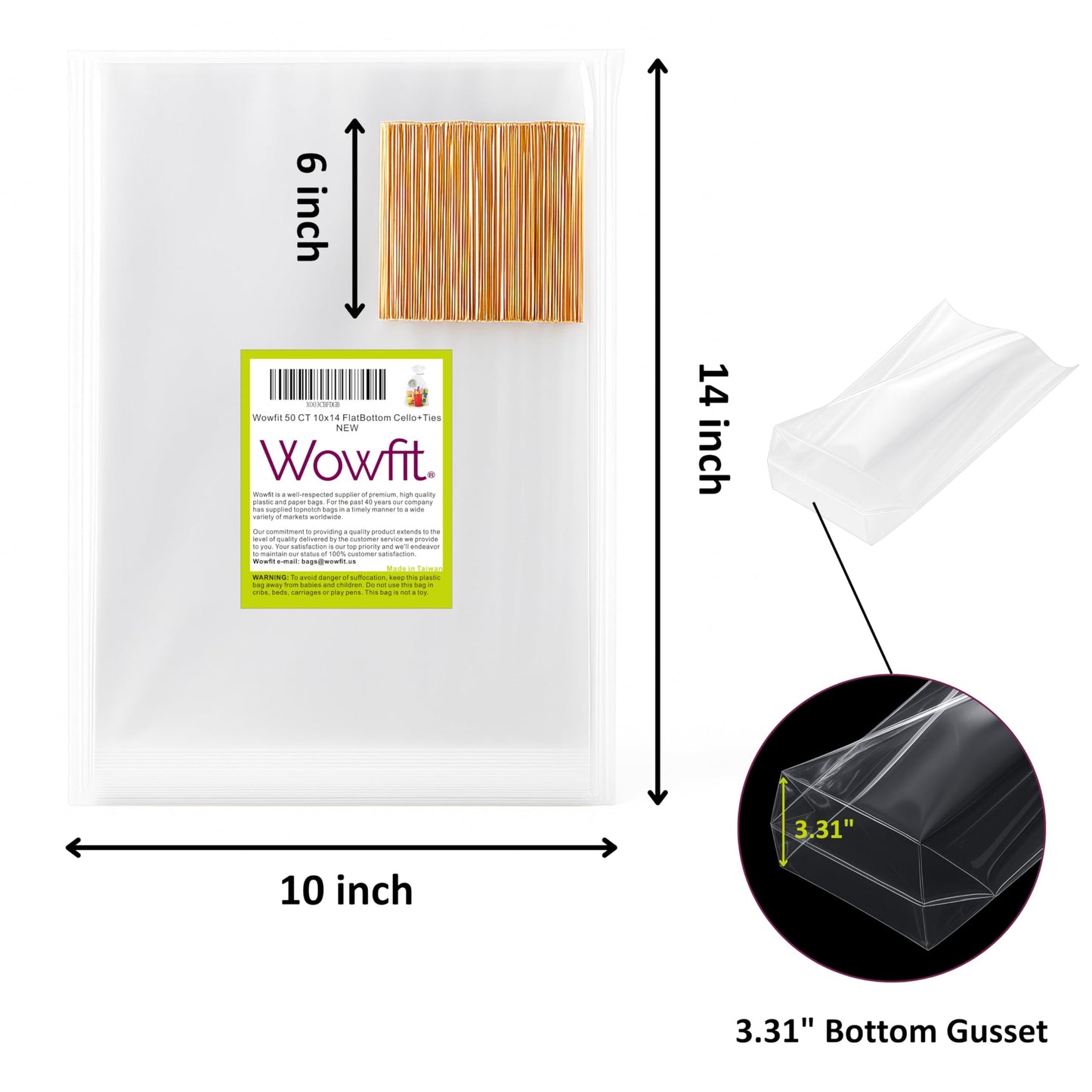 Wowfit 50 CT 10x14 inches Clear Bottom Gusset Cellophane Gift Bags with 6" Gold Twist Ties, Cello Packaging for Party Favors, Bridal Showers, and Wedding Gift Wrapping
